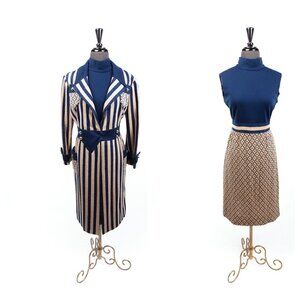 Vintage Saks Fifth Avenue 2 Piece Fully Lined Coat & Dress 1970’s Navy and Beige
